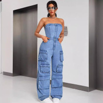 Strapless Multi-pocket Denim Overalls