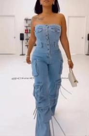 Strapless multi-pocket cargo jeans jumpsuit suit with multiple buttons