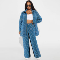 Denim Fringed Plaid Cardigan Off Shoulder Long Sleeve Suit