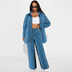 Denim Fringed Plaid Cardigan Off Shoulder Long Sleeve Suit