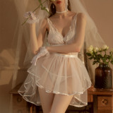 Fun Lingerie White Pure Desire Suspender Mesh Perspective Nightgown