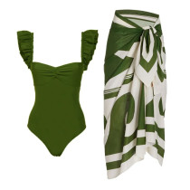 Chiffon Print Beach Skirt Swimsuit Set
