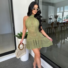 Solid Color Sleeveless Halterneck Backless Knitted Dress