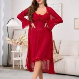 Mesh See-through Floral Suspender Long Dress Nightgown