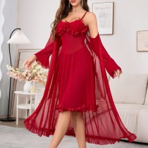 Mesh See-through Floral Suspender Long Dress Nightgown