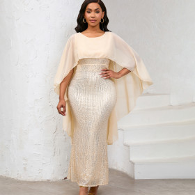 Chiffon Cape Sequin Hip-hugging Long Skirt