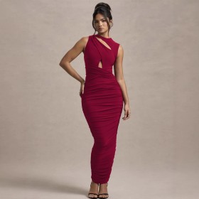 Pleated Slim Fit Sleeveless Round Neck Hip Cover Dress