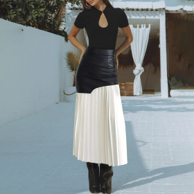 Stylish Patchwork Pleated Contrast Color Skirt