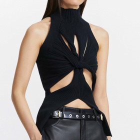 Sleeveless Turtleneck Knitted Vest with Irregular Hem