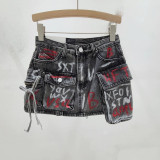 Hand -painted Graffiti Pocket Denim Skirt