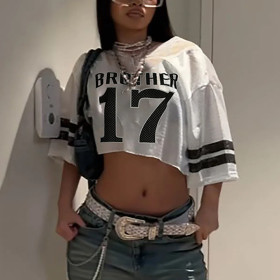 Printing V -neck Lace Loose T -shirt