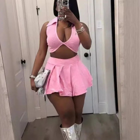 Handle V neck Thread Short Skirt Two piece Casual Suit