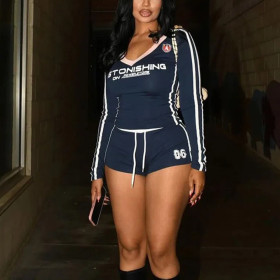 Printed Long -sleeved V Neck Top Lace -up Shorts Set