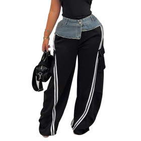 Denim Stitching Rubber Band Waist and Pull Stripe Loose Straight Pants