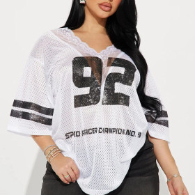 V -neck Lace Printed Loose Casual Jersey T -shirt