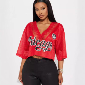 Letter Printing Loose V -neck Lace T -shirt