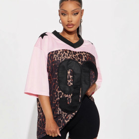 Switch Leopard Letter Loose Casual Short -sleeved T -shirt
