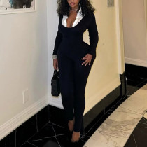Plastic Contrast Fake Two Pieces of Long -sleeved Pure Color Jumpsuits