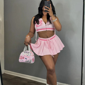 Leisure Zipper Lace Skirt Set