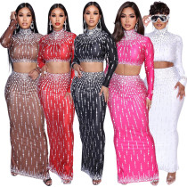 Hot Diamond Long -sleeved Top Bag Hip Split Skirt Party Set