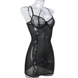 Leopard bun hip tight see -through suspender skirt