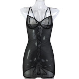 Leopard bun hip tight see -through suspender skirt