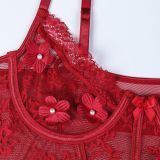 Sexy Underwear Nail Flower Lace Perspective Three -piece Suit