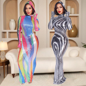 High -opening Long Skirt Nightclub Bar Sexy Dress Hooded Women's Clothing