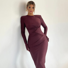 Solid Color Round Neck Pleated Slim Long-sleeved Dress