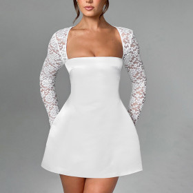 Low-cut High-waisted Lace Splicing Dress