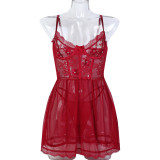 Sexy Underwear Nail Flower Lace Perspective Three -piece Suit