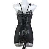 Leopard bun hip tight see -through suspender skirt