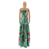 Pleated Splicing Large Hem Skirt Printed Dress