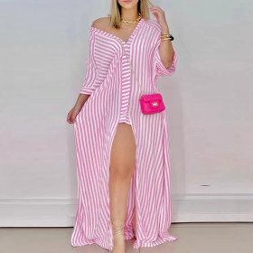 Pink Striped Printed Shirt Skirt
