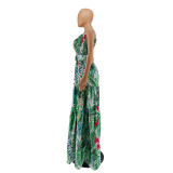 Pleated Splicing Large Hem Skirt Printed Dress