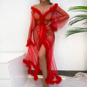 Mesh Long Nightgown Fur Edges