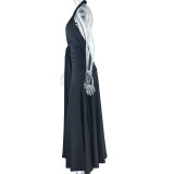 Solid Color Sleeveless Neck Strap Backless Slit Skirt