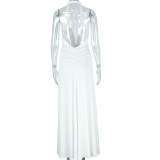Solid Color Sleeveless Neck Strap Backless Slit Skirt