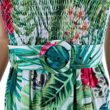 Pleated Splicing Large Hem Skirt Printed Dress