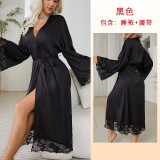 Satin Bathrobe Long Belted Lace Nightgown