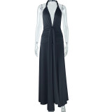 Solid Color Sleeveless Neck Strap Backless Slit Skirt