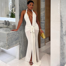 Solid Color Sleeveless Neck Strap Backless Slit Skirt