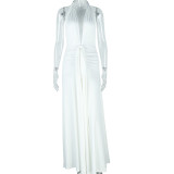 Solid Color Sleeveless Neck Strap Backless Slit Skirt