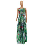 Pleated Splicing Large Hem Skirt Printed Dress