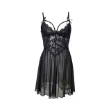 Mesh Perspective Lace Embroidered Suspender Pajamas