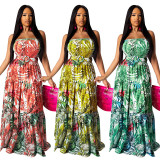 Pleated Splicing Large Hem Skirt Printed Dress