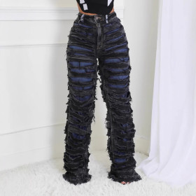 High-waisted Double-layer Ripped Loose Jeans