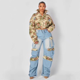 Floral Denim Work Pants Set