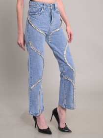 High-waisted Rhinestone Spliced ​​jeans Wide-leg Pants