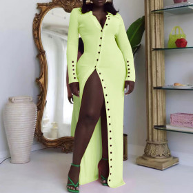 Long-sleeved Buttons and Slits Dress